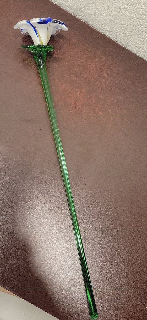 Art Glass Flower Blue White Long Green Stem 20” Hand Blown Floral Decor